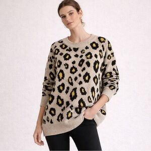 Anama Leopard Print Sweater Size Small Beige Black Yellow Oversized Cozy Knit